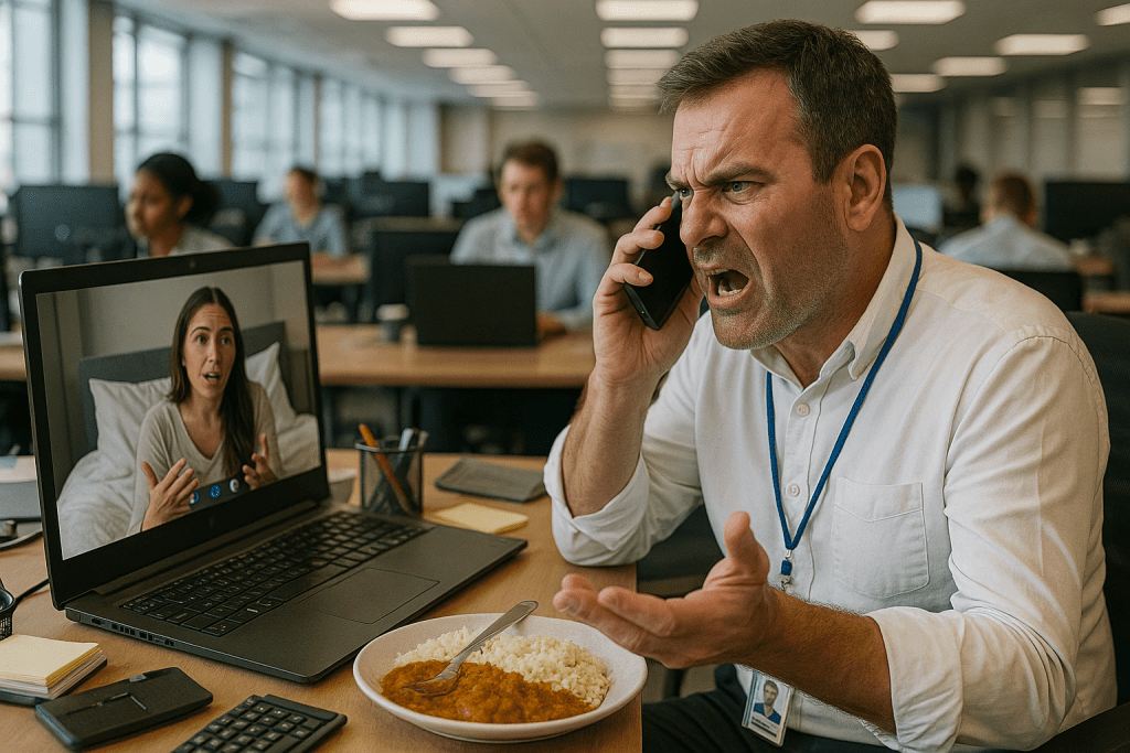 Arsehole office worker yelling on a phone call while participating in a video call on his laptop, with a plate of food in front of him in a busy open-plan office.